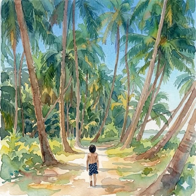 Watercolour of a small child walking barefoot down a sandy path through a coconut grove