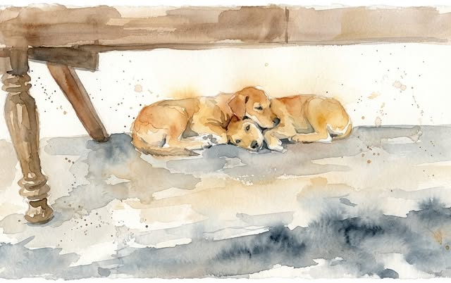 Watercolour of two golden puppies curled up asleep under a wooden table