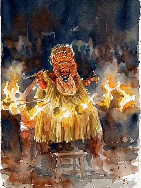 Watercolour of a theyyam performer in a red headdress and palm-leaf skirt, lit by torches at night