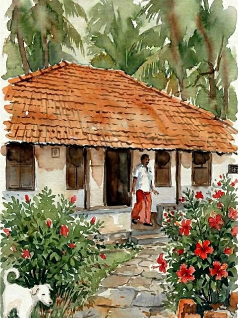Watercolour of a tiled-roof Kerala house with red hibiscus, a man in a mundu at the door and a dog in the garden